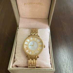 Judith Ripka White Mother-of-pearl Dial London Watch 6-3/4’’ Gold Tone